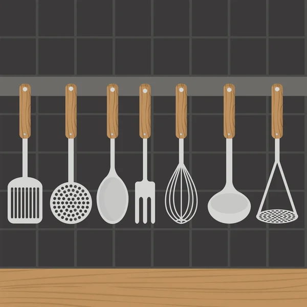 Кухонная утварь весит на стене на кухне . — стоковый вектор