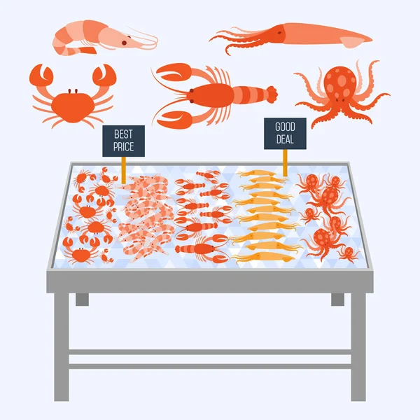 Estantes de supermercado con mariscos frescos . — Vector de stock