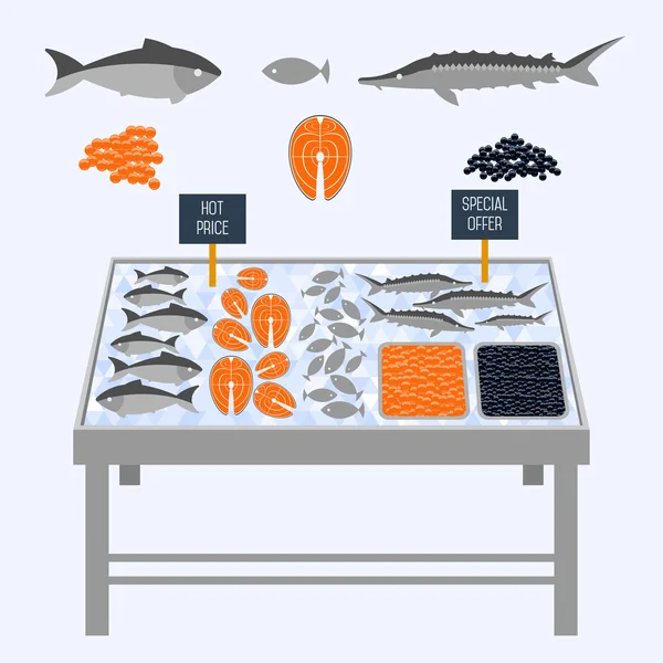 Estantes de supermercado con pescado fresco . — Vector de stock