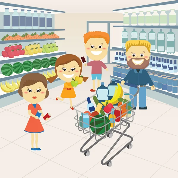 Familie in de supermarkt. — Stockvector