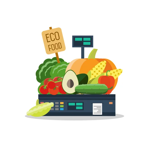 Натуральні продукти, овочі та фрукти на вагах . — стоковий вектор