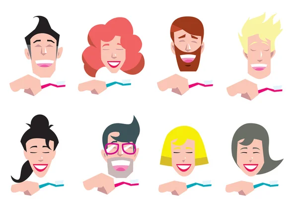 Avatares de personas limpiando dientes . — Vector de stock