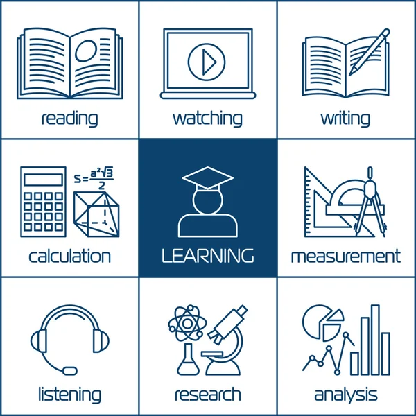 Vector linear icons of learning — Stock Vector