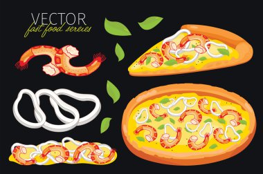 İzole vektör deniz ürünleri pizza. Fast food seti.