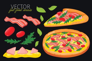 İzole vektör pastırma pizza. Fast food seti.