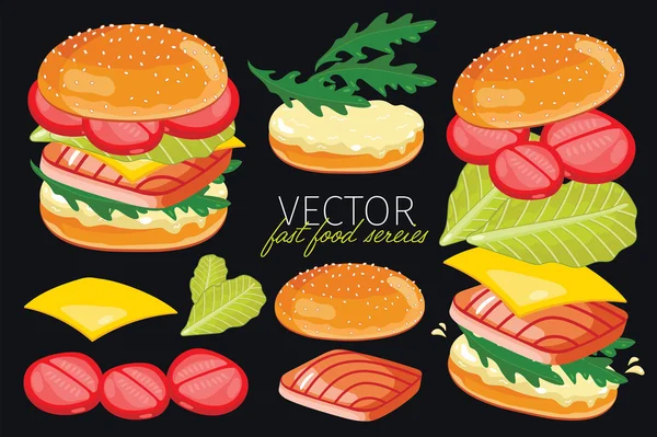 Vector hamburgers geïsoleerd op zwarte achtergrond. — Stockvector