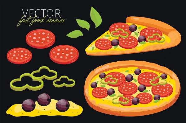 Isolerade vektor pepperoni pizza. Snabbmat set. — Stock vektor