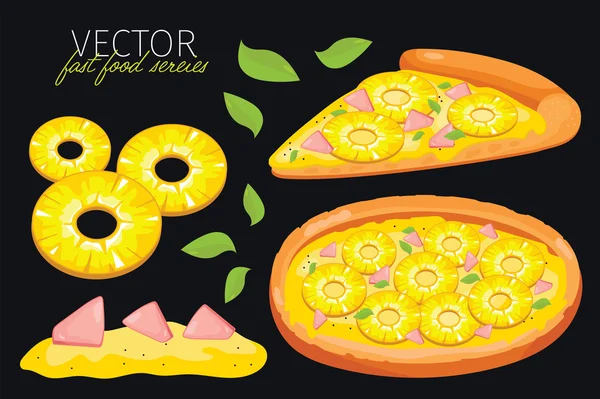 Geïsoleerde vector ananas pizza. Fast food set. — Stockvector