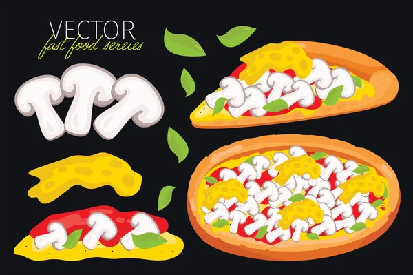 Geïsoleerde vector paddestoelen pizza. Fast food set. — Stockvector