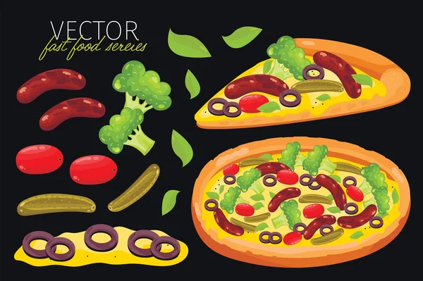 Geïsoleerde vector worst pizza. Fast food set. — Stockvector