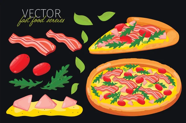 Pizza aislada de tocino vectorial. Set de comida rápida . — Vector de stock