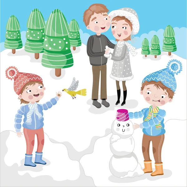 Οικογένεια έχοντας διασκέδαση χιονισμένο δάσος — 图库照片
