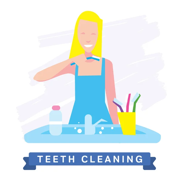 Γυναίκα καθαρισμό των δοντιών. Όμορφα λευκά δόντια χαμόγελο. — Διανυσματικό Αρχείο