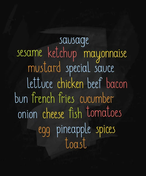 Burger Ingredients Lettering on Chalkboard — 스톡 벡터