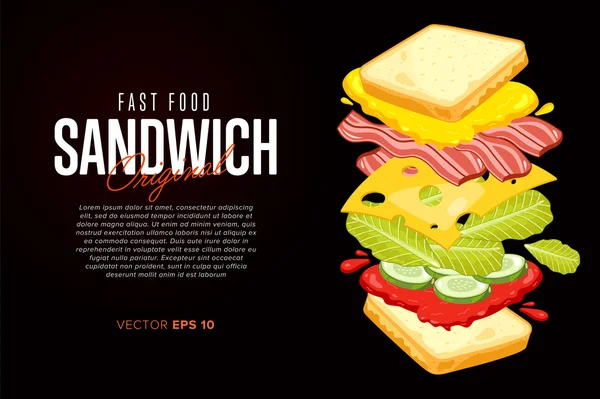 Sandwich sobre fondo negro con texto abstracto — Vector de stock