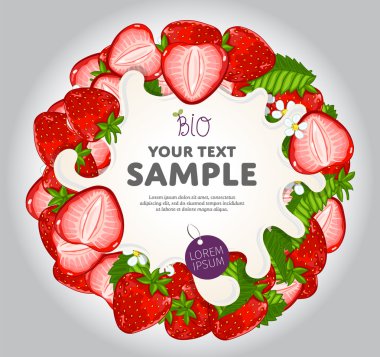 Yogurt Splash on Strawberries Wreath, Vector.