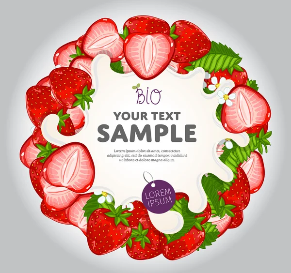 Yogurt Splash on Strawberries Wreath, Vector. — Stock Vector