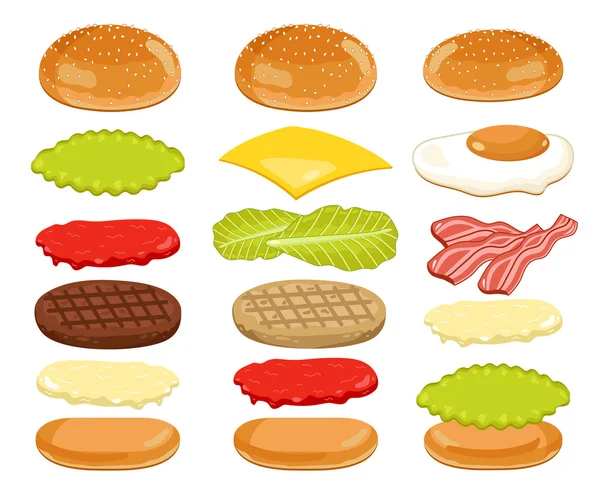 Burger összetevők szett fehér háttér — Stock Vector