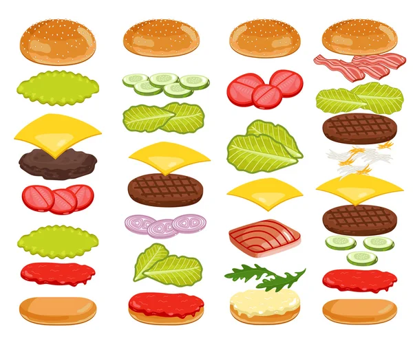 Juego de ingredientes de hamburguesa sobre fondo blanco — Vector de stock