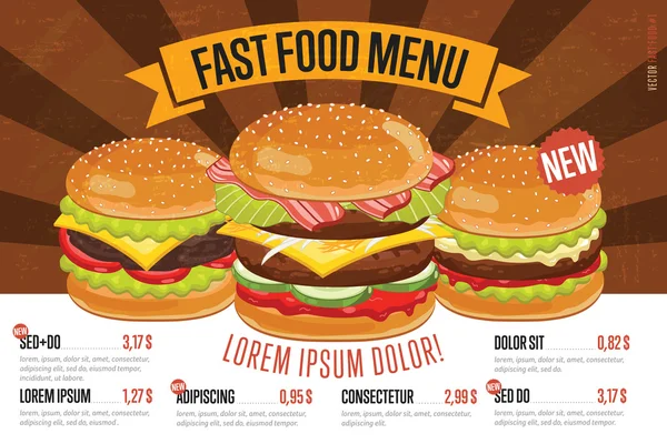 Modello di menu fast food . — Vettoriale Stock