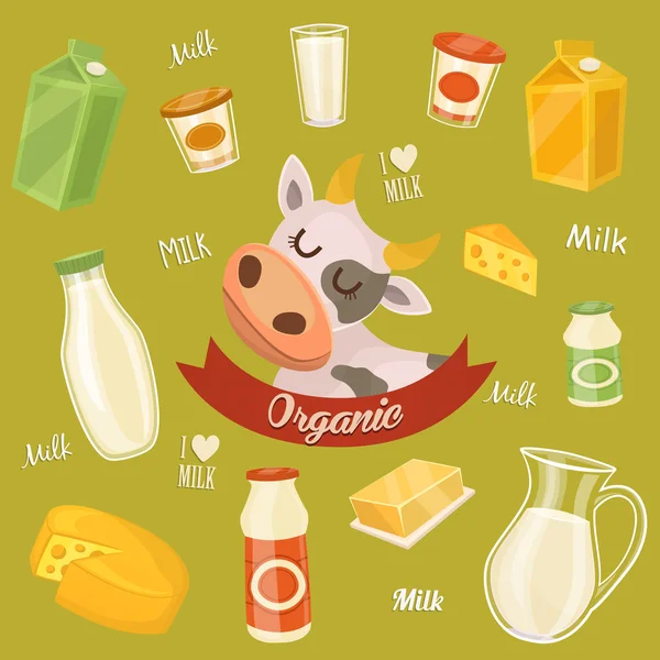 Dairy products on wooden table, milk, vector icon — 스톡 벡터