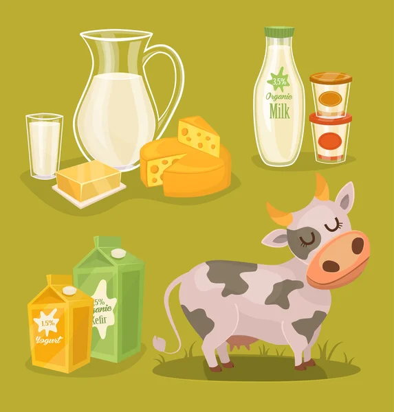 Productos lácteos en mesa de madera, leche, icono del vector — Vector de stock