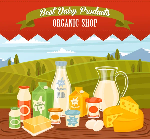Produtos lácteos na mesa de madeira —  Vetores de Stock