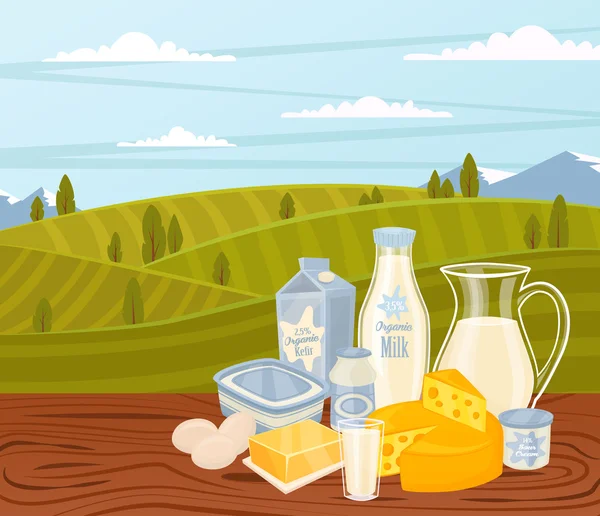 Productos lácteos sobre mesa de madera — Vector de stock