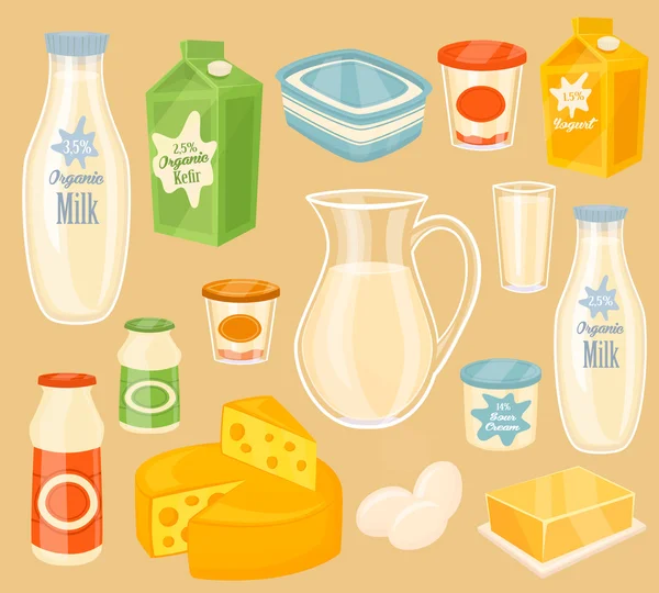 Productos lácteos en mesa de madera, leche, icono del vector — Vector de stock