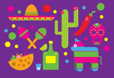 Mexico icons, Cactus, Sombrero, Maracas, Tequila. clipart