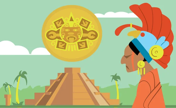 Pyramid Maya, chief of tribe Maya. Vector Mayan. — Stock vektor
