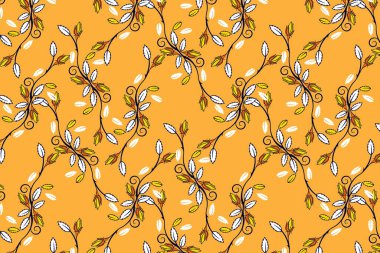 Sarı arka planda küçük beyaz ve kahverengi çiçekli güzel çiçekler bahar buketi.