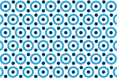 Beyaz arkaplan üzerinde küçük noktalar olan mavi dairesel halkalar geometrik tasarım dikişsiz vektör deseni