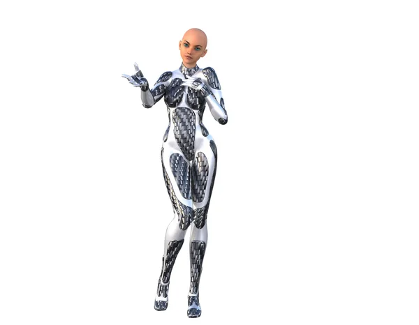Una joven calva esbelta con un traje futurista de plata —  Fotos de Stock