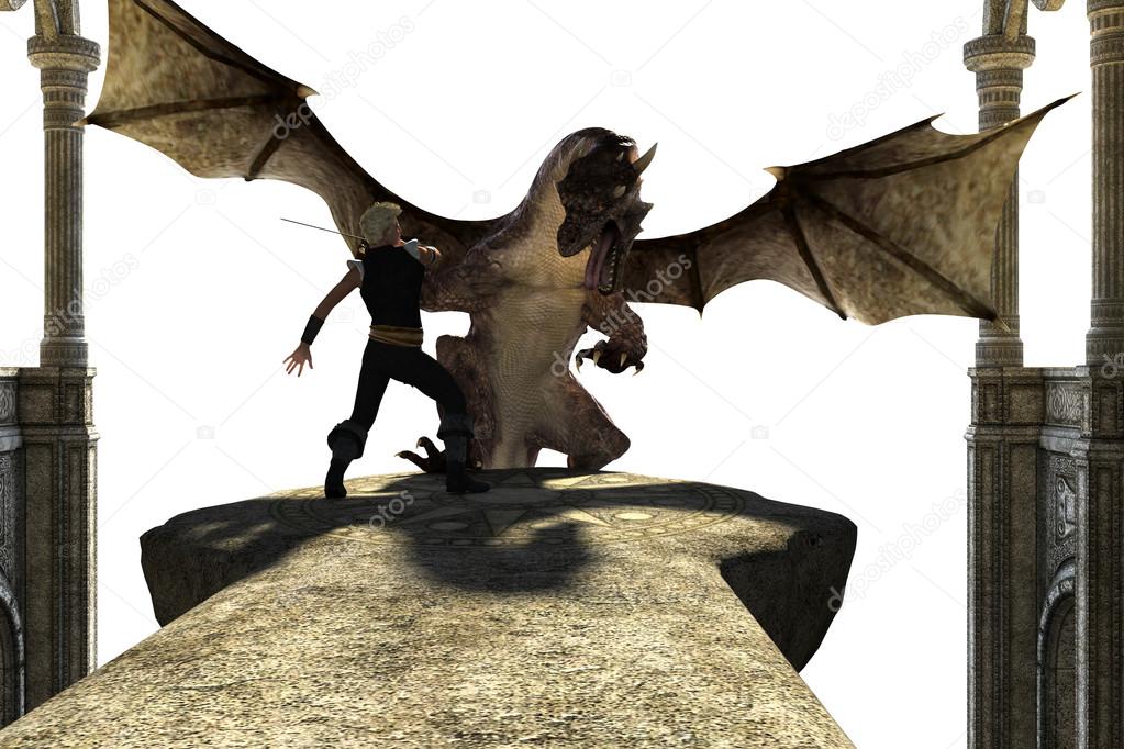 Big strong dragon with wings fighting with a person