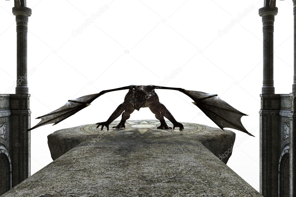 the dragon stands in a fighting position on the ancient altar