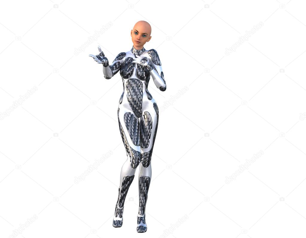 one bald young slender girl in a futuristic silver costume