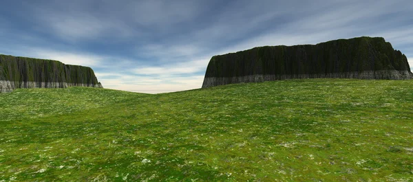 Vistas al campo con dos mesetas y con cielo azul oscuro — Foto de Stock