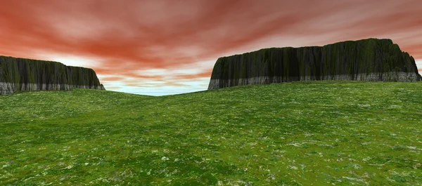 Widoki na okolicę z dwóch płaskowyż z czerwone niebo — Zdjęcie stockowe