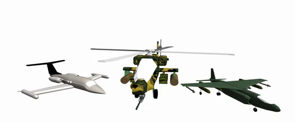 Один боевой вертолет и два боевых самолета низкой поли 3D моделей — стоковое фото