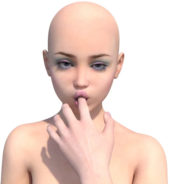 A young and bald girl flirts in front of the camera. The finger in the mouth — Stock Photo, Image
