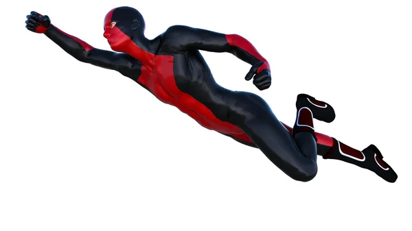 Een superheld in zwarte en rode latex. Vliegen met een zijde van de camera — Stockfoto