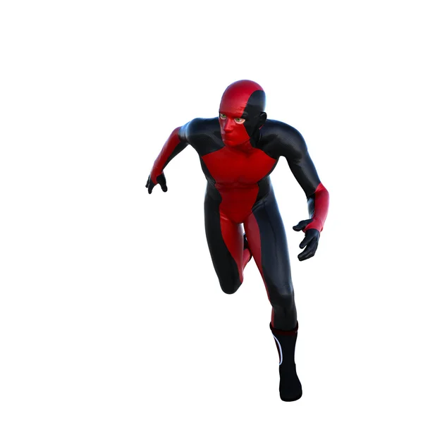 Siyah ve kırmızı lateks bir süper kahraman. Fotoğraf makinesi üzerinde çalışan — Stok fotoğraf