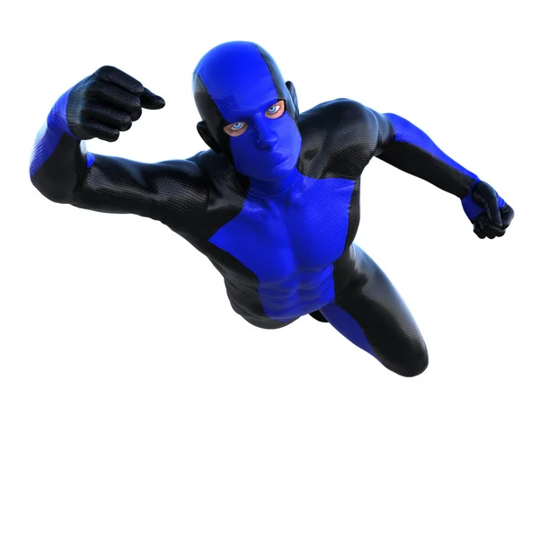Um super-herói de látex escuro e azul. Voa para a câmera — Fotografia de Stock