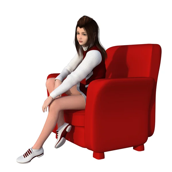 치 어 리더의 화이트 레드 유니폼에 한 어린 소녀. 빨간의 자에 앉아 — 스톡 사진