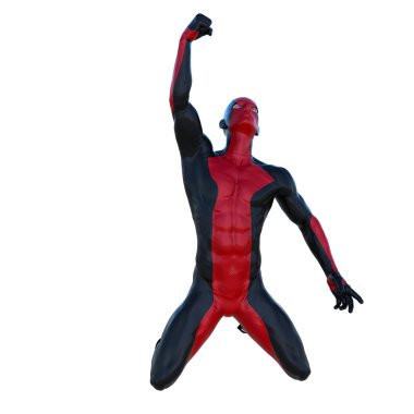 Kırmızı ve siyah süper kahraman kostümü içinde bir genç adam. Gökyüzüne kaldırdı yumruk