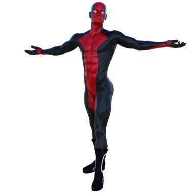Kırmızı ve siyah süper kahraman kostümü içinde bir genç adam. Kendinizi övün