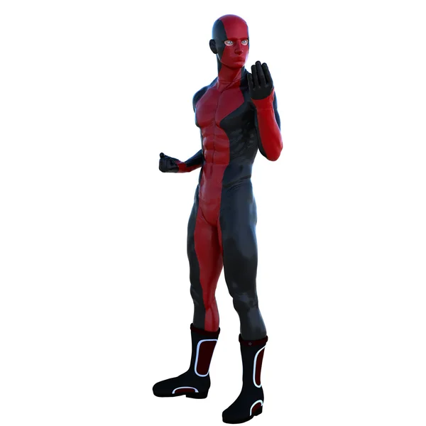 Kırmızı ve siyah süper kahraman kostümü içinde bir genç adam. Neden kavga etmek