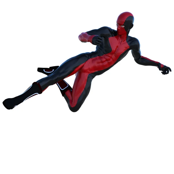 Een jonge man in de rode en zwarte superheld kostuum. Blazen in de herfst — Stockfoto
