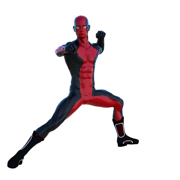 Een jonge man in de rode en zwarte superheld kostuum. Half-zittende positie — Stockfoto